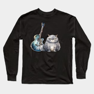 Funny Guitar Grumpy Cat Retro Cute Watercolor Long Sleeve T-Shirt